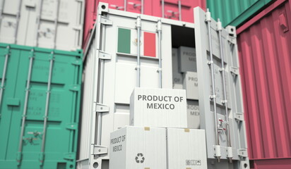Cartons with goods from Mexico and shipping containers in the port terminal or warehouse. National production related conceptual 3D rendering