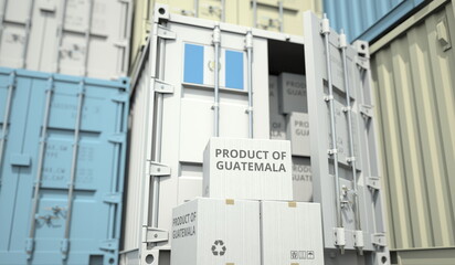 Cargo containers and boxes with products from Guatemala. National industry related conceptual 3D rendering