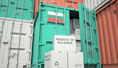 Cartons with goods from Bulgaria and shipping containers in the port terminal or warehouse. National production related conceptual 3D rendering