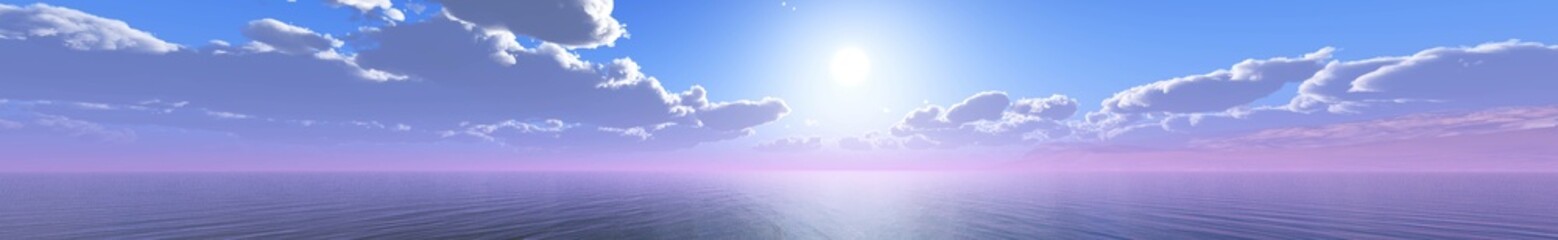Seascape banner, ocean shore panorama at sunset, 3d rendering