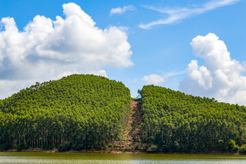 Fototapeta premium View of blue sky, white clouds and green hills and forest at outdoor reservoir