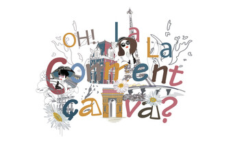 Paris lettering decorated with flowers, women and the Eiffel tower and other architecture sights. Hand drawn vector illustration.