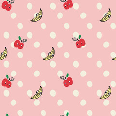 APPLE BANANA DOODLE FACE FRUITS WITH POLKA DOTS REPEAT SEAMLESS PATTERN VECTOR