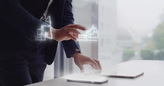 Hologram, ux design and architecture app with 3D digital augmented reality of engineering, construction site and planning. Project management, technology and idea with corporate design engineer