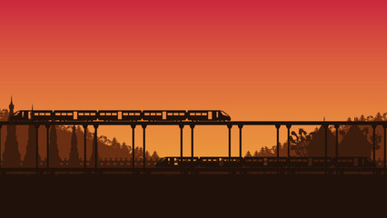 silhouette train and temple with bridge in Thailand on orange gradient background
