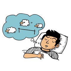 cartoon man counting sheep because he can't sleep