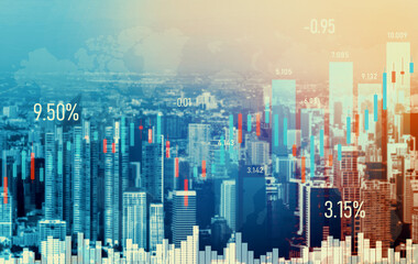 Financial graphs and digital indicators overlap with modernistic urban area, skyscrabber for stock market business concept. Double exposure.