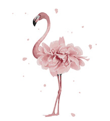 Pink flamingo, watercolor splashes, colorful paint blobs. Flamingo in flower