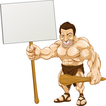 Caveman holding sign cartoon