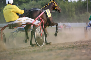 Fototapeta na wymiar Horse and rider running in the dust at horse races