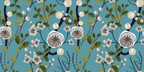 Beautiful floral seamless pattern with flowering branches of almonds (apple trees) on a blue-turquoise background. Botanical print for fashion design, fabrics, wallpapers, covers... Vector  © Diana  Sityaeva 