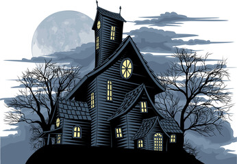 Creepy haunted ghost house scene illustration