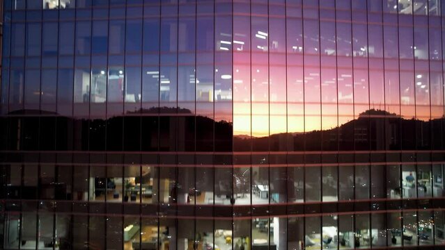Sunset at Santiago Chile. Cityscape of sunset sky at city Santiago Chile. Scenic landscape of colorful reflection of sky in towers offices buildings and skyscrapers. Urban life scenery.