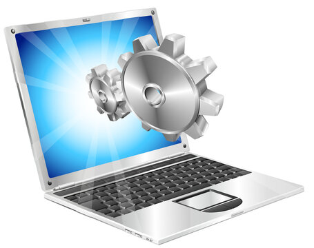 Gear cogs flying out of laptop screen concept