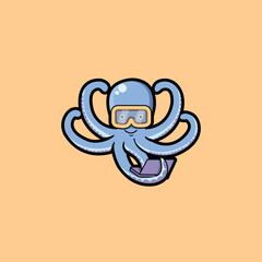 Cute Octopus Working On Laptop Cartoon Vector Icon Illustration