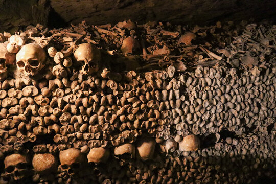 Paris catacombs skulls dark underground