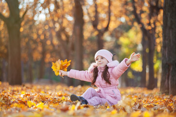 Happy girl playing yellow leaves in the autumn park. Beauty nature scene with family fall outdoor lifestyle. Happy girl having fun outdoor. Happiness and harmony in childhood - 528081041