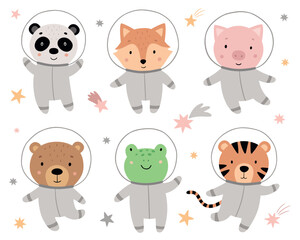 Obraz na płótnie Canvas A set of cute animals in spacesuits. Cartoon characters fly in space. Hand-drawn panda, fox, pig, bear, frog, tiger. Vector illustration