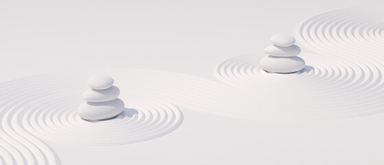 Japanese zen garden stone balance on nature light white background.for branding and product presentation.3d rendering illustration.