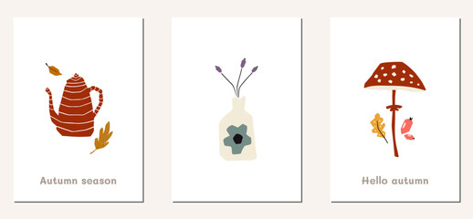 Welcome fall season thanksgiving invitation. Minimalist postcard nature leaves, trees, pumpkins, abstract shapes. Autumn mood greeting card poster template. Vector illustration in flat cartoon style