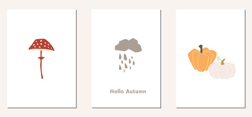 Autumn mood greeting card poster template. Welcome fall season thanksgiving invitation. Minimalist postcard nature leaves, trees, pumpkins, abstract shapes. Vector illustration in flat cartoon style