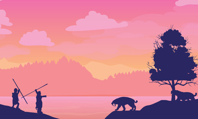 Primitive hunters and saber-toothed tigers against the backdrop of a beautiful landscape. Vector illustration.