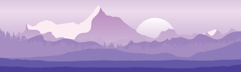 landscape with high mountains and forest in several layers in the evening vector illustration. flat design.