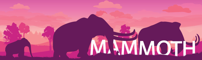 Mammoth family. A flock of prehistoric elephants in a beautiful landscape. Giant animal of the Jurassic period. Prehistoric mammoth and cub on a plain with fir trees and grass. vector illustration