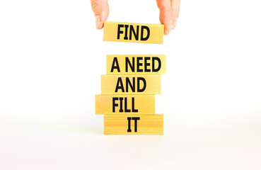 Find a need and fill it symbol. Concept words Find a need and fill it on wooden blocks on a beautiful white background. Businessman hand. Business and find a need and fill it concept. Copy space.