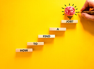 How to find a job symbol. Concept words How to find a job on wooden blocks on a beautiful yellow table yellow background. Businessman hand. Business and how to find a job concept. Copy space.