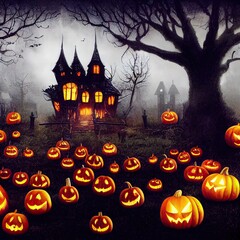 Fototapeta na wymiar Halloween spooky background, scary pumpkins faces. Scary castle in creepy forest in october dark night autumn gloomy creepy landscape with moon and fog. Happy Halloween outdoor backdrop concept.
