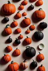 Halloween background, many black and orange pumpkins vertical pattern. October autumn season gourds backdrop. Happy Halloween fall holiday decoration concept. Illustration.