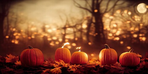 Halloween spooky background, pumpkins scene. Scary creepy forest in october dark night autumn gloomy landscape with moon, trees and bokeh lights. Happy Halloween outdoor backdrop concept.