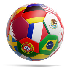 Obraz premium a soccer with the flags Qatar and Germany and France and colours of the various countries flags, a slight shadow with distance, 3d-illustration