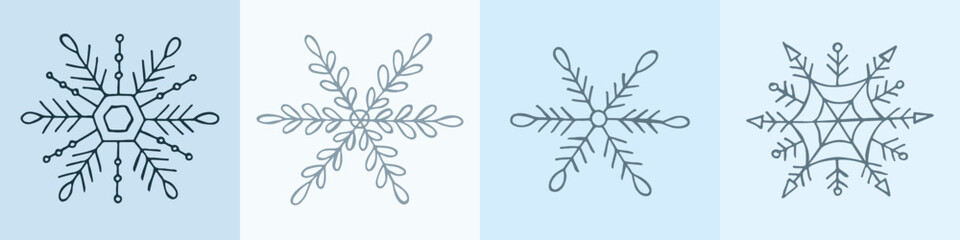 A set of hand-drawn snowflakes. Vector illustration in doodle style. Winter mood. Hello 2023. Merry Christmas and Happy New Year. Gray elements on a light blue background.