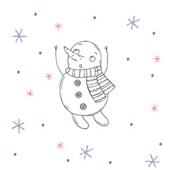 Cute snowman with purple and pink snowflakes on a white background. Vector illustration in doodle style. Winter mood. Hello 2023. Merry Christmas and Happy New Year.