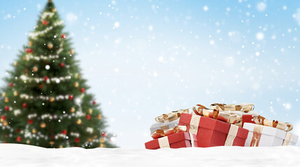 Christmas tree, a green fir decorated, snow and Christmas presents red white and golden 3d-illustration
