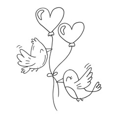 Set of cute hand-drawn doodle elements about love. Message stickers for apps. Icons for Valentines Day, romantic events and wedding. Two lovebirds fly with balloons in the shape of hearts.