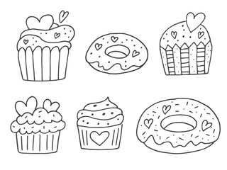 Set of cute hand-drawn doodle elements about love. Message stickers for apps. Icons for Valentines Day, romantic events and wedding. Cupcakes and donuts with hearts.