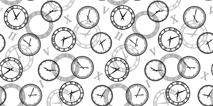 Black clocks on a white background with gray watch dials and Roman numerals. Endless texture with vintage watches. Time concept. Vector seamless pattern for surface texture, printing on clothes or bag