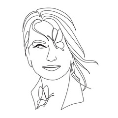 Continuous line drawing of Portrait of a Beautiful Woman's face. Fashion beauty model with a white background. Vector illustration.