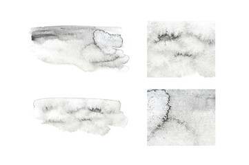 Watercolor silver texture background. Hand drawing art set. Vintage backdrop banner. Aquarelle ground paper. Abstract grey wet image. Impression stain template
