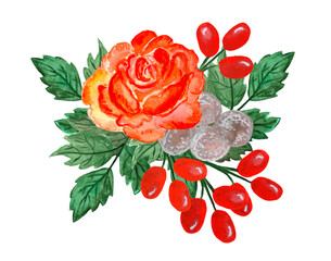 Watercolor illustration, bouquet boutonniere of rose, red and silver berries and greenery lush, drawing nature freehand 