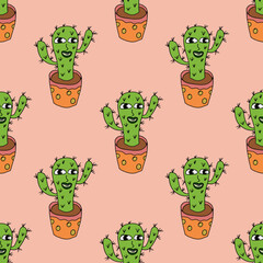 Cartoon doodle happy cactus seamless pattern. Floral background. Cute cartoon potted flower, home plant.