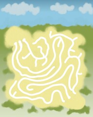 Background green field and blue sky hand drawn nature sunny day bright colors maze game for children