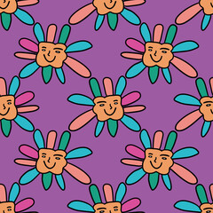 Groovy Smiling Hippie Flower seamless pattern. Positive 70s retro smiling daisy flower print.