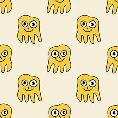 Cute cartoon doodle melted face seamless pattern. Smile background. Emoji sign, smiling head.