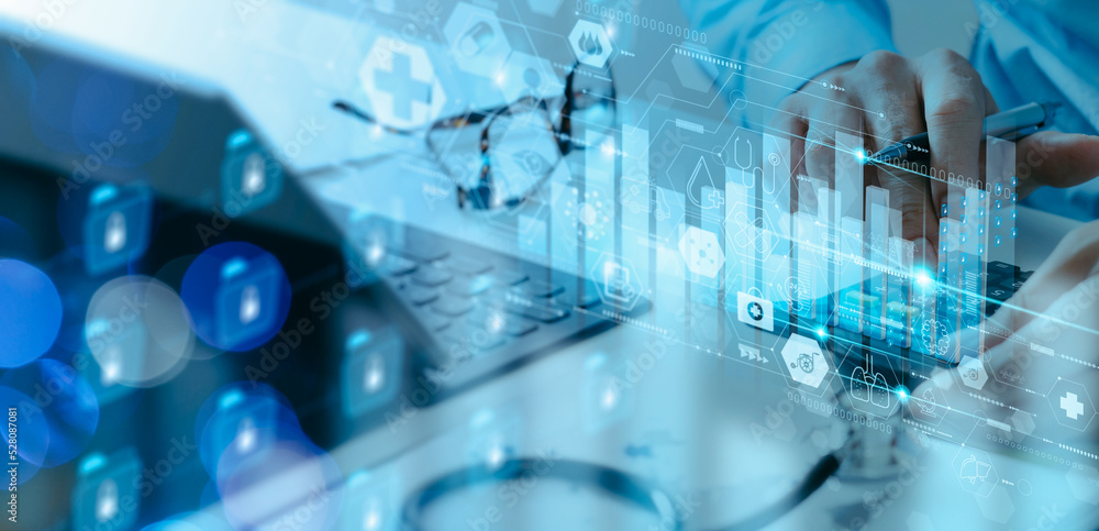 Poster healthcare and medical insurance business virtual graph data and growth with medical financial and d