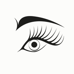 An eye and an eyebrow drawn with a black line, a spot. A woman's eye with cilia. Vector illustration.