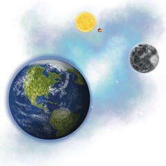 moon and earth illustration on a black background at night